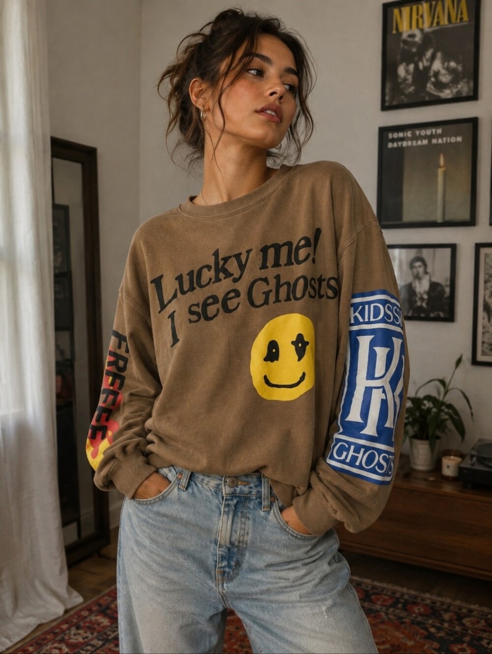 Lucky Me! I See Ghosts Graphic Brown Pullover Sweater